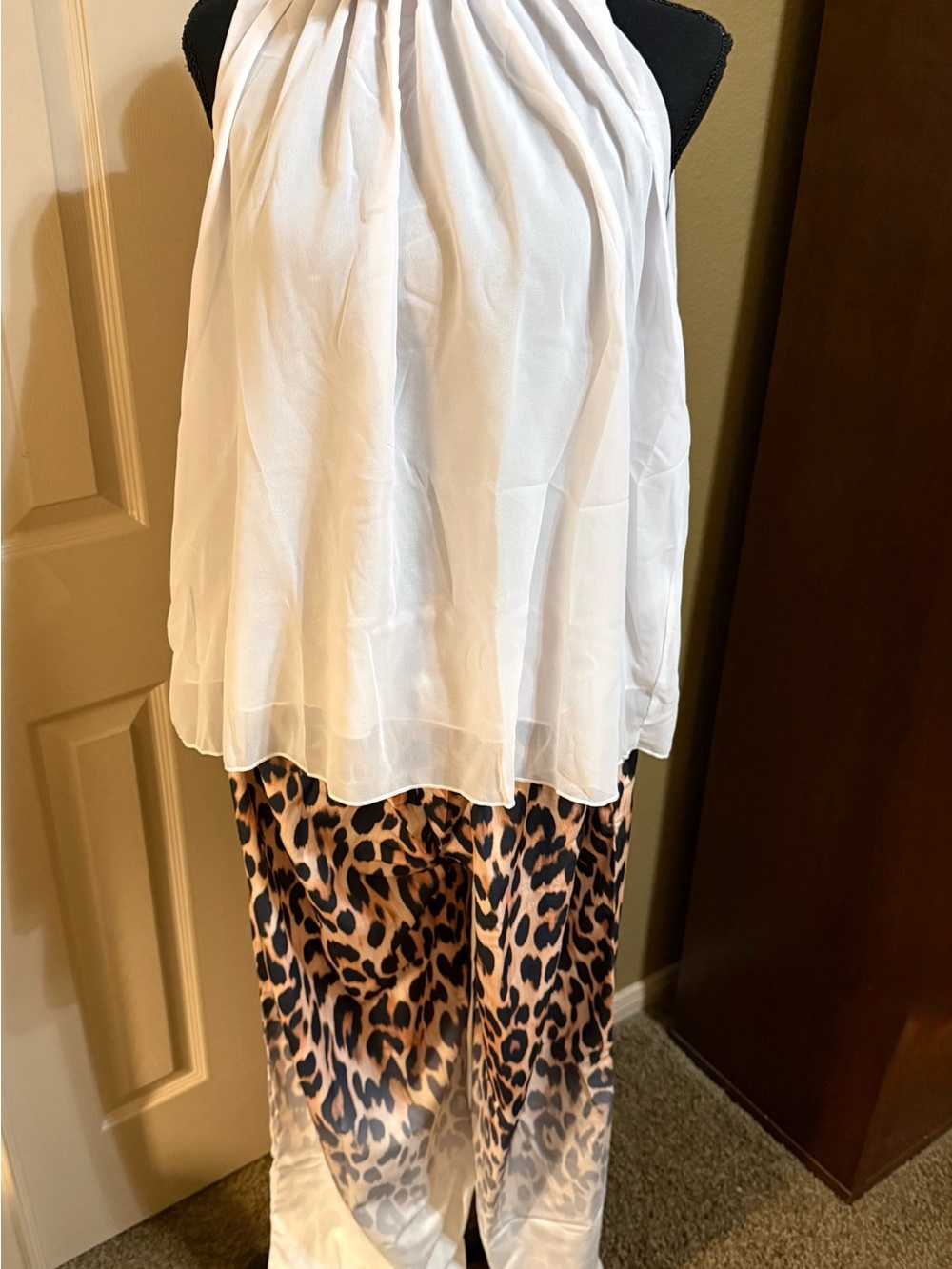 White Halter Top with Leopard-Print Wide-Leg Pants